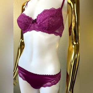 NWOT Gilligan & O’Malley lace bra set 34A purple mauve balconette & S panties
